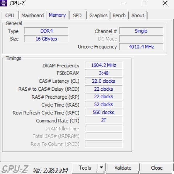 DDR4 16GB メモリ 1600.4MHz シングルチャンネル