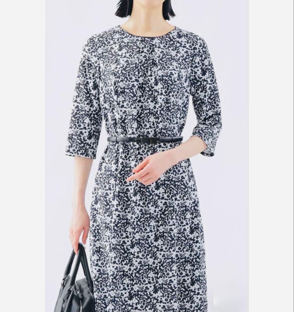 TRANS WORK モノトーン花柄七分袖ワンピース サイズ（新品、未使用）