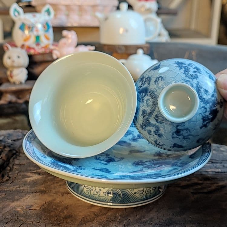 鯖龍紋三才蓋碗 中国茶器 景徳镇 蓋付き茶器 飲茶食器 煎茶具 未使用品