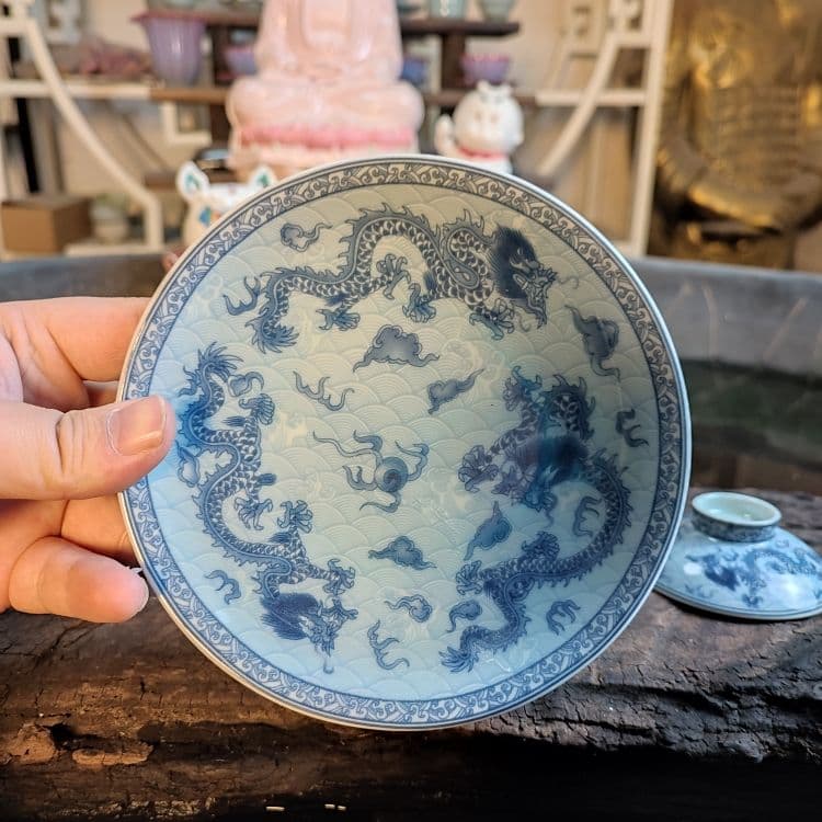 鯖龍紋三才蓋碗 中国茶器 景徳镇 蓋付き茶器 飲茶食器 煎茶具 未使用品