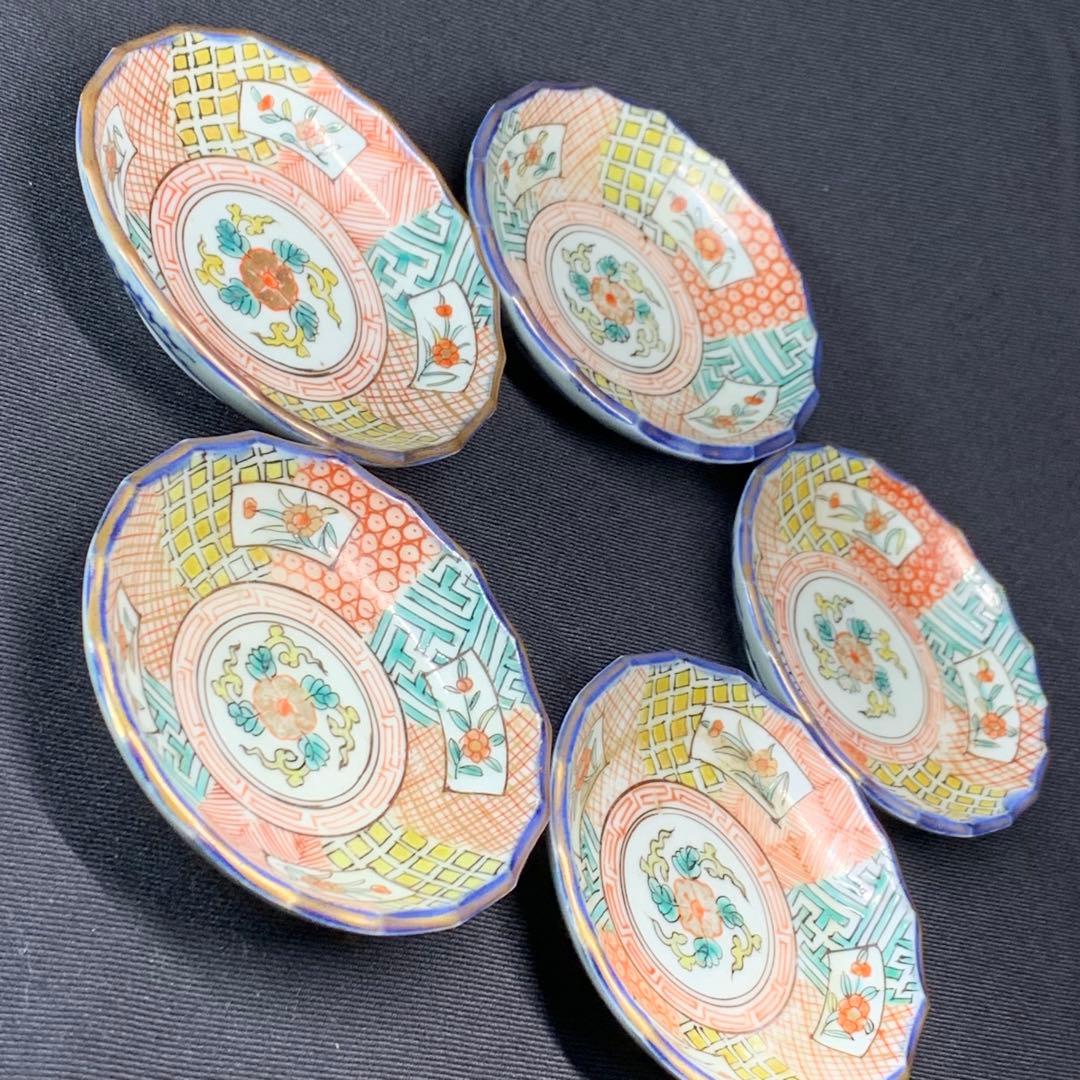 K583⭐︎可愛い 古伊万里 色絵 花唐草文 豆皿 5枚組 太明年製銘 江戸末期