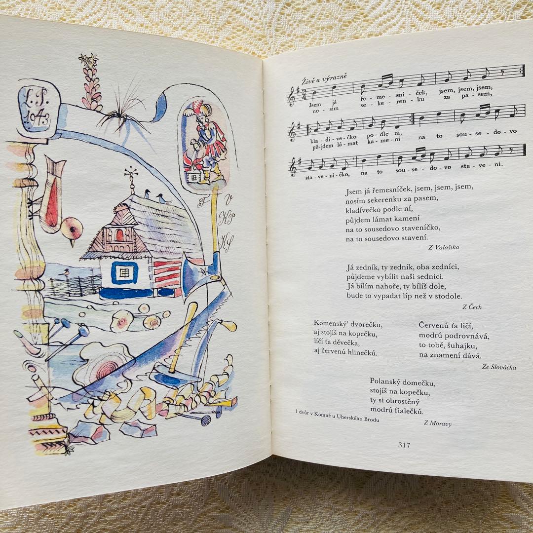 洋書　古書　チェコの古い絵本　春を彩る童謡集・詩集　鮮やかで美しい挿絵♡