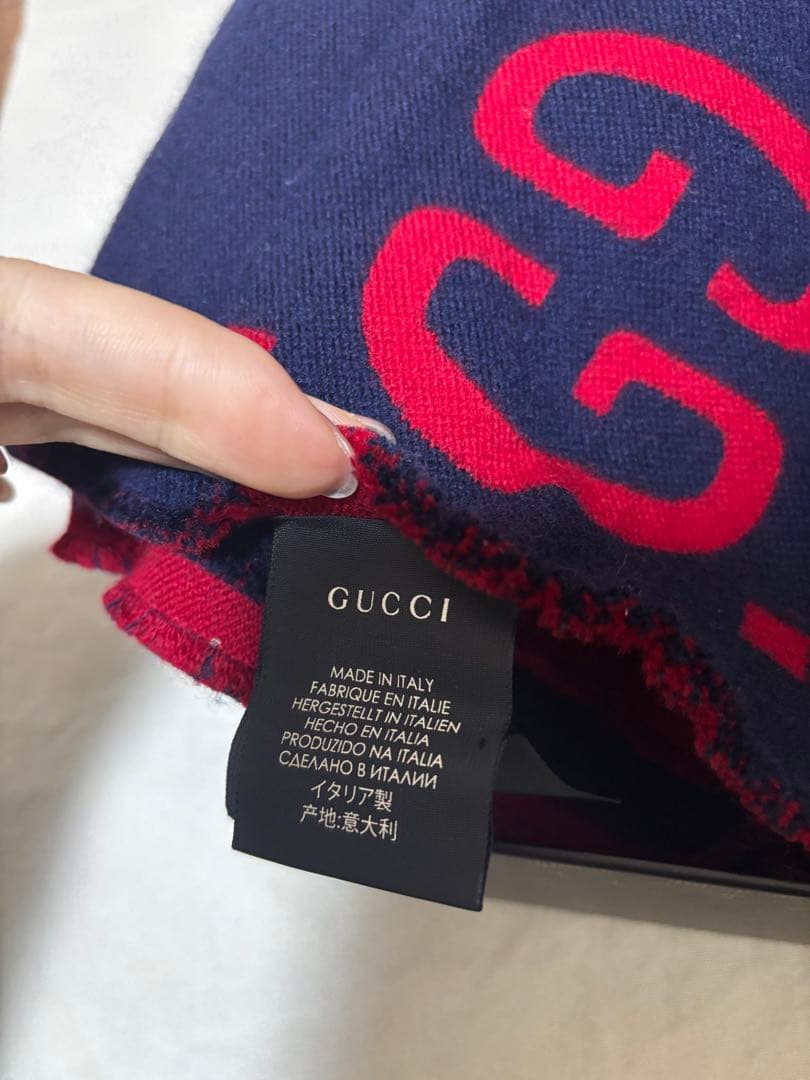 GUCCI GGジャガード ウールシルクスカーフ マフラー ネイビー/レッド