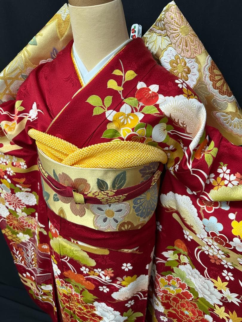 久保耕 京友禅 赤系 花筏 振り口付き振袖 袋帯 フルセット