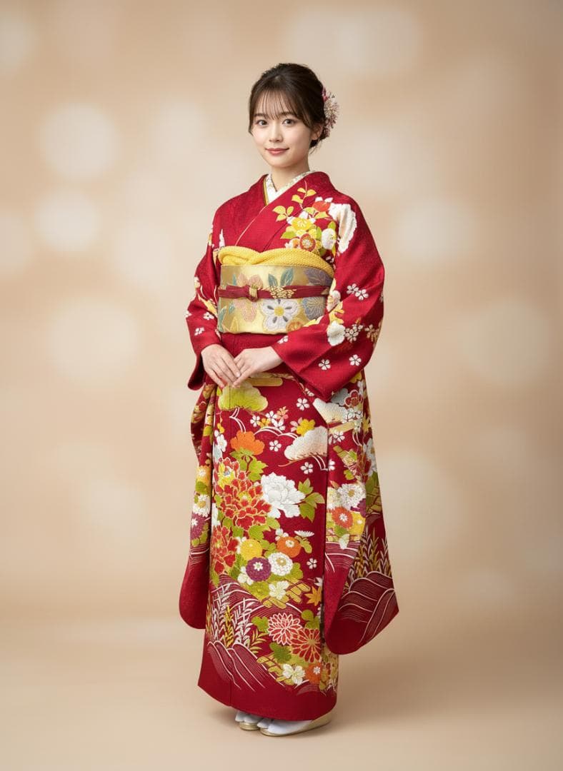 久保耕 京友禅 赤系 花筏 振り口付き振袖 袋帯 フルセット