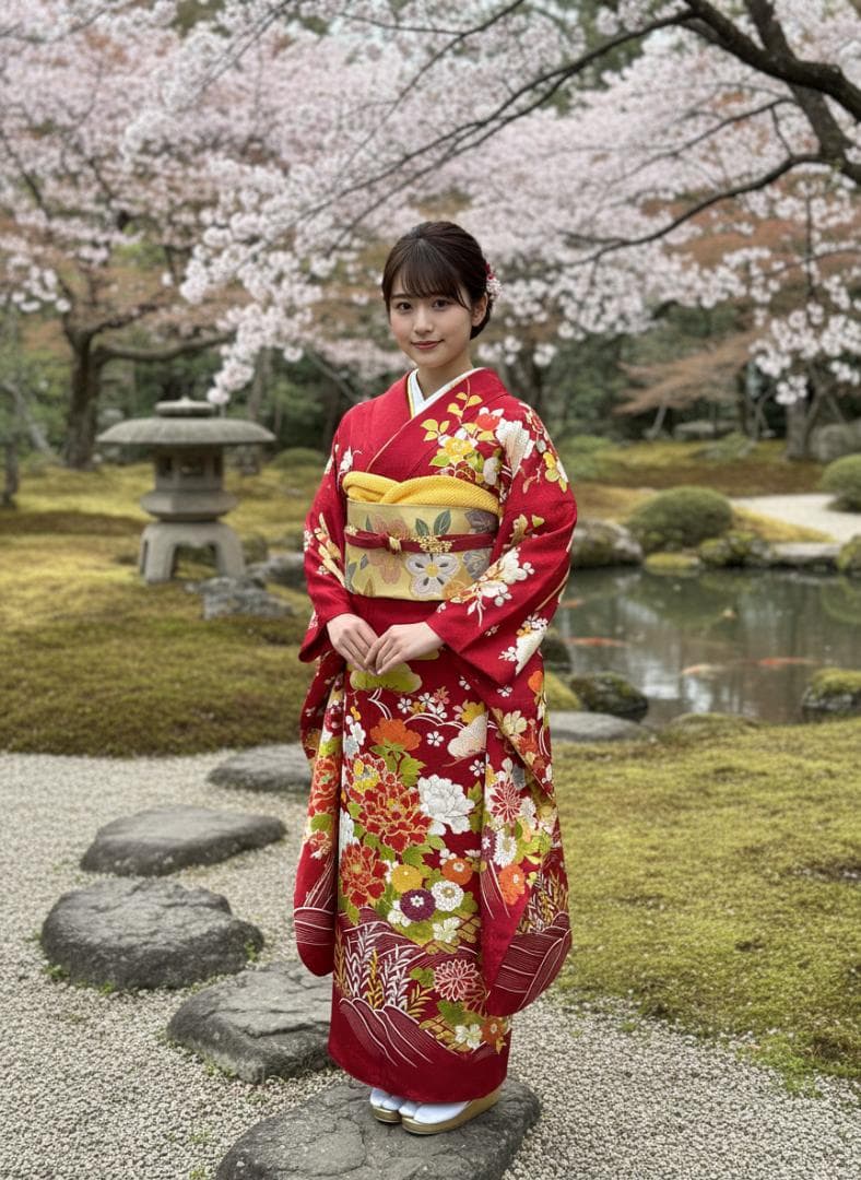 久保耕 京友禅 赤系 花筏 振り口付き振袖 袋帯 フルセット