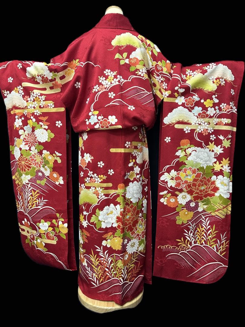 久保耕 京友禅 赤系 花筏 振り口付き振袖 袋帯 フルセット