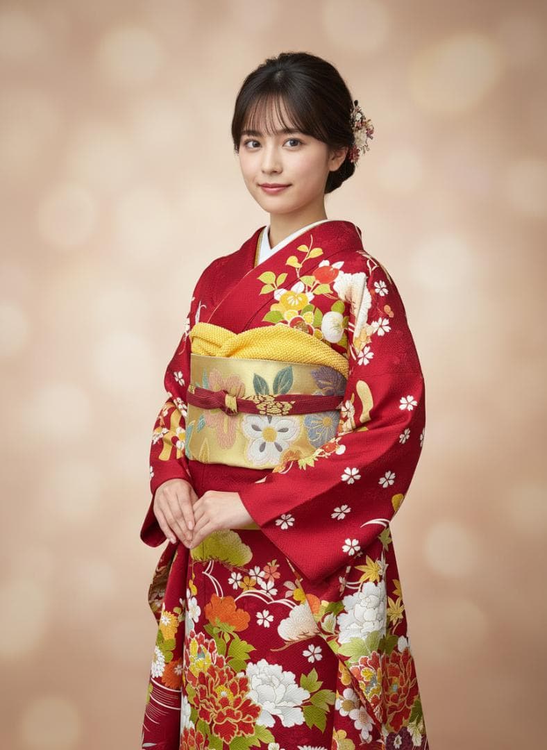 久保耕 京友禅 赤系 花筏 振り口付き振袖 袋帯 フルセット