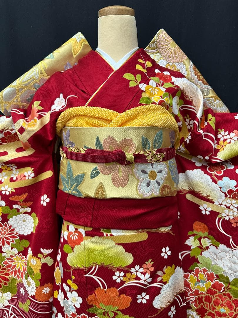 久保耕 京友禅 赤系 花筏 振り口付き振袖 袋帯 フルセット