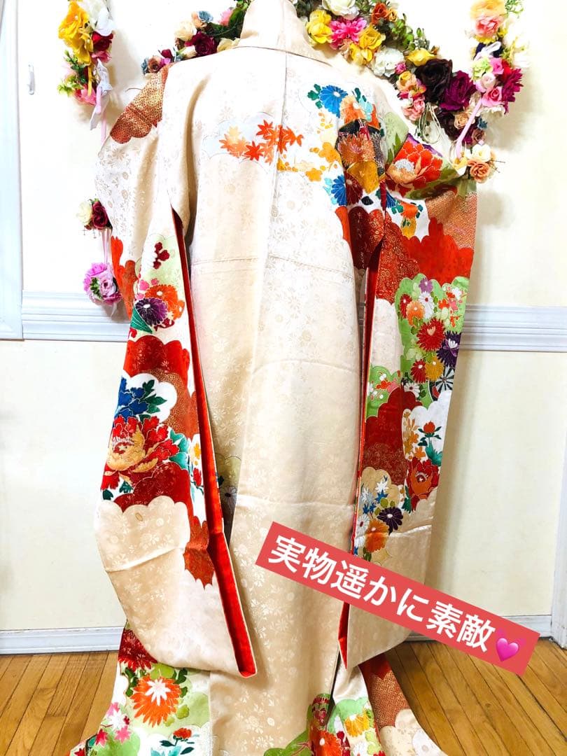 正絹振袖フルセット‼️愛らしいクリーム豪華絢爛菊梅薔薇金糸刺繍見惚れる⭐︎金彩金箔