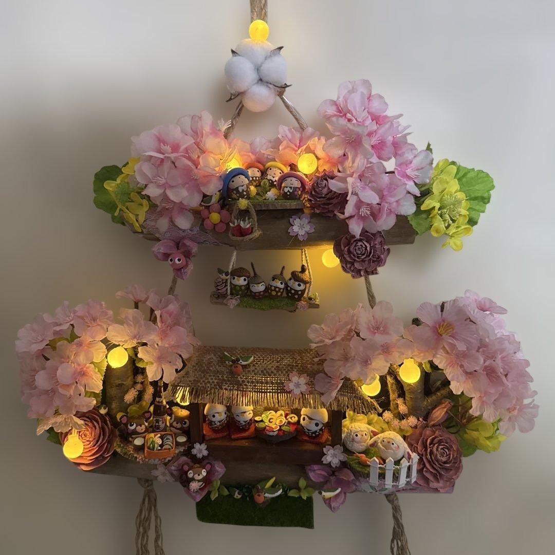 どんぐりアート♡桜満開トライアングルリース　メジロちゃん乗せ♡