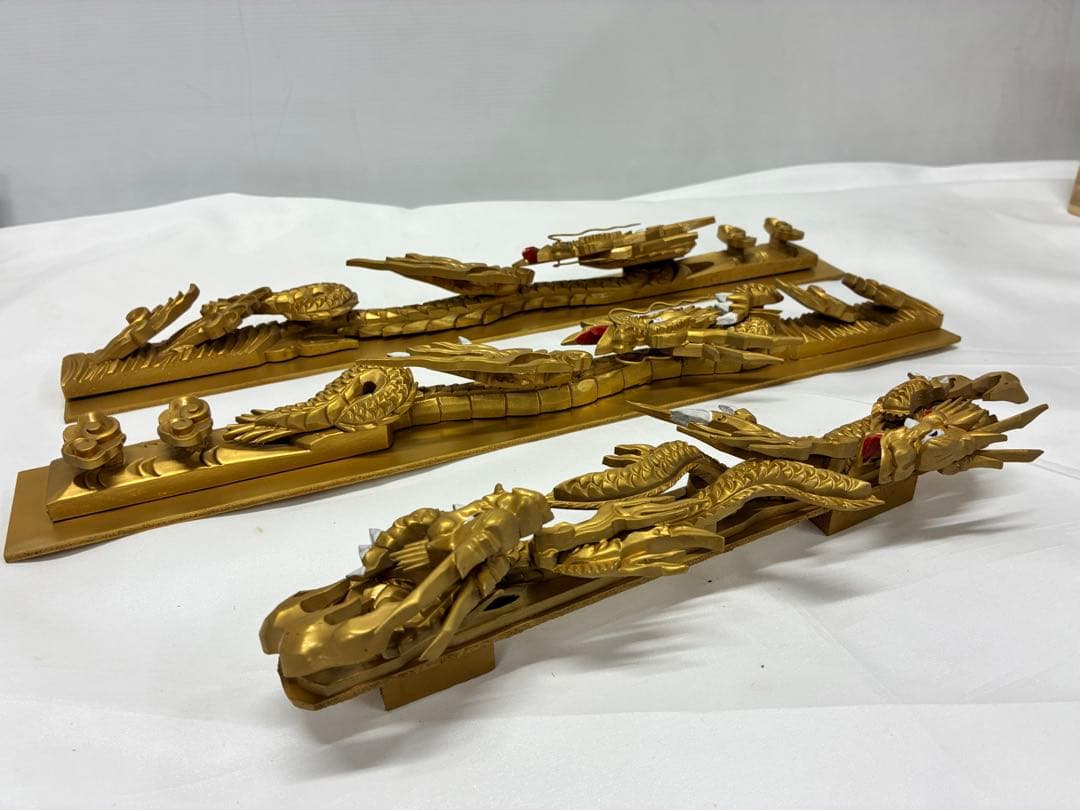 ✡*️様 木製龍彫 3点まとめて 目描き 金粉仕上げ/竜彫刻 /ドラゴン 欄間