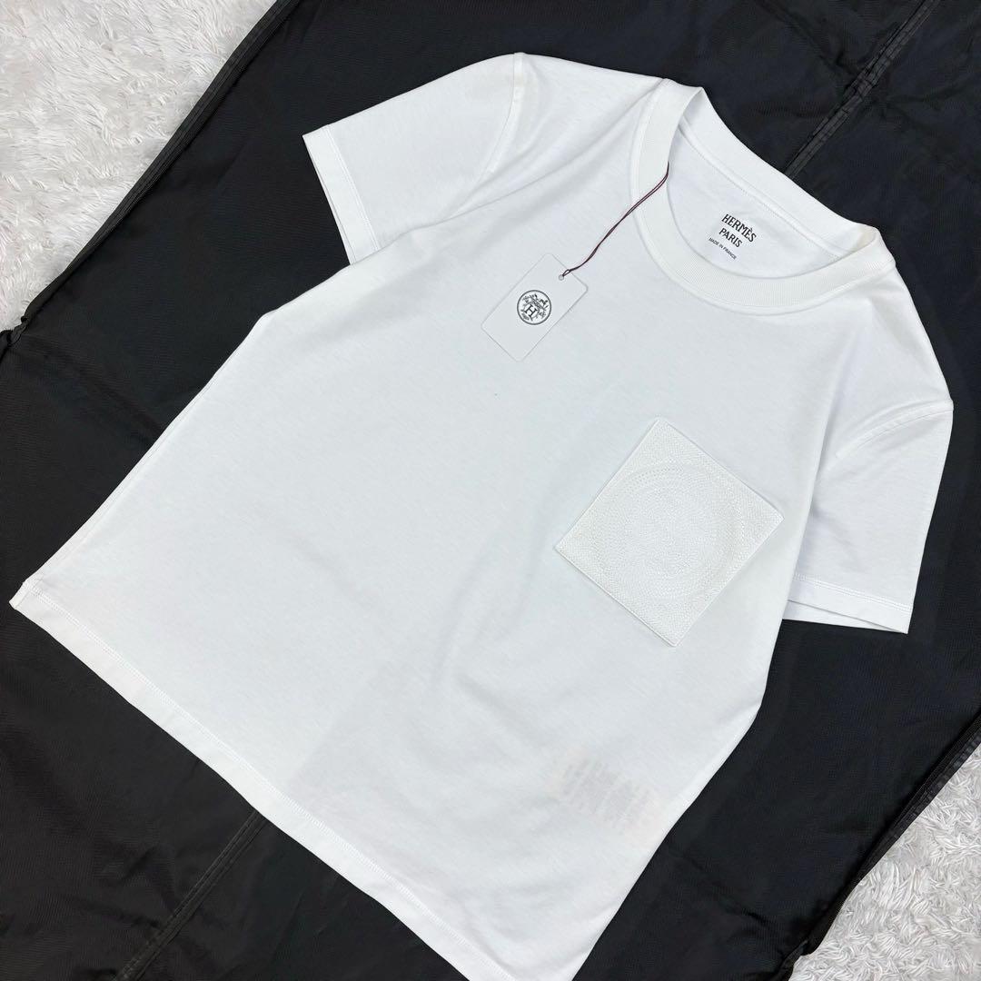 6251【未使用級・タグ付き】エルメス☆H刺繍ポケットTシャツ ホワイト 36