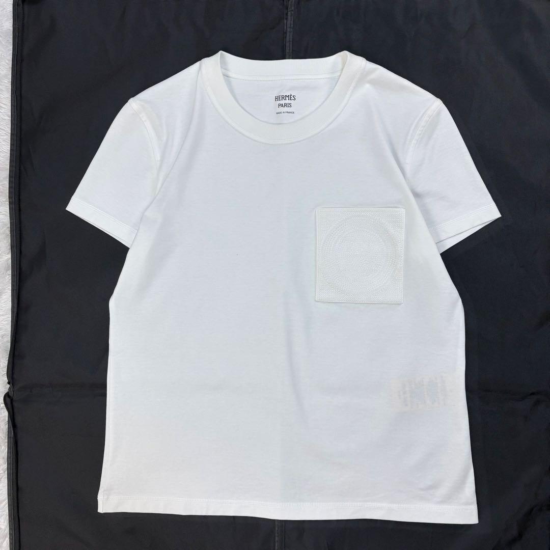 6251【未使用級・タグ付き】エルメス☆H刺繍ポケットTシャツ ホワイト 36