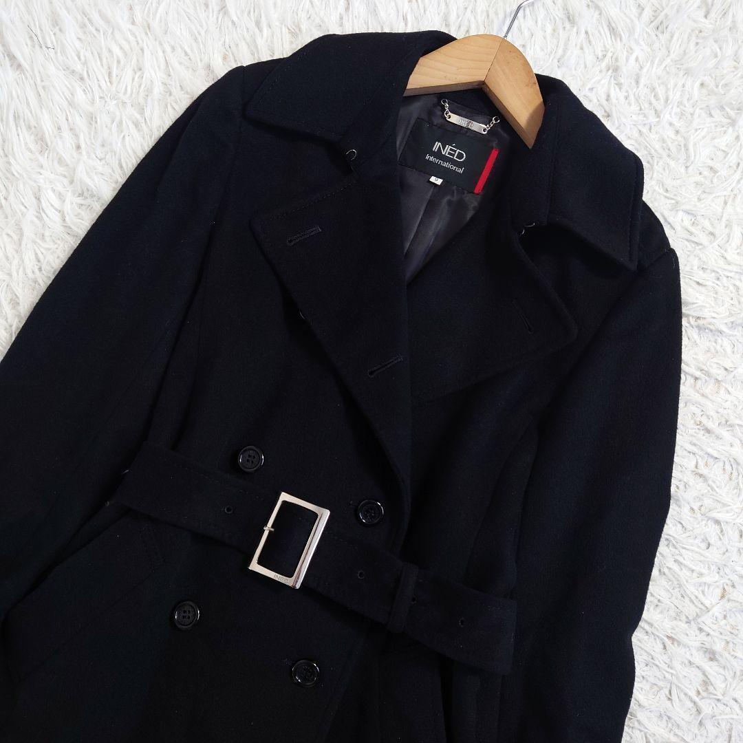 カシミヤ100%　イネド　ロングコート　ダブル　ベルト　Aライン　黒　9号　M