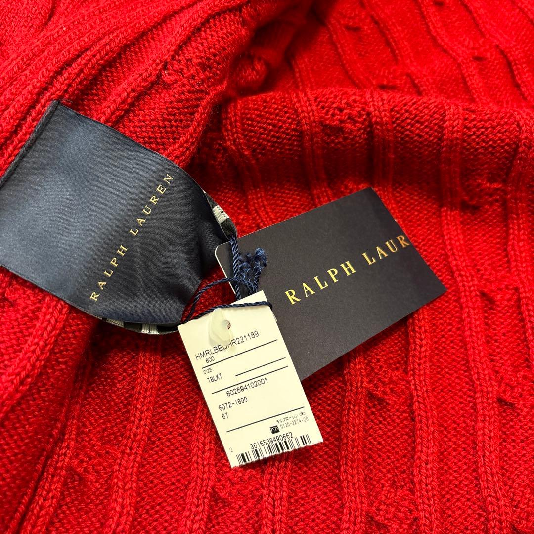 N11222Ralph Lauren 赤 ケーブルニット ウール50%膝掛