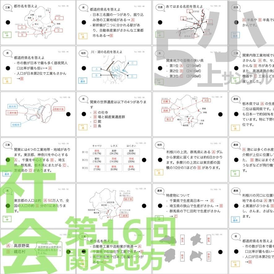 中学受験 暗記カード【5年上 社会 全セット 1-19回】組分けテスト 予シリ