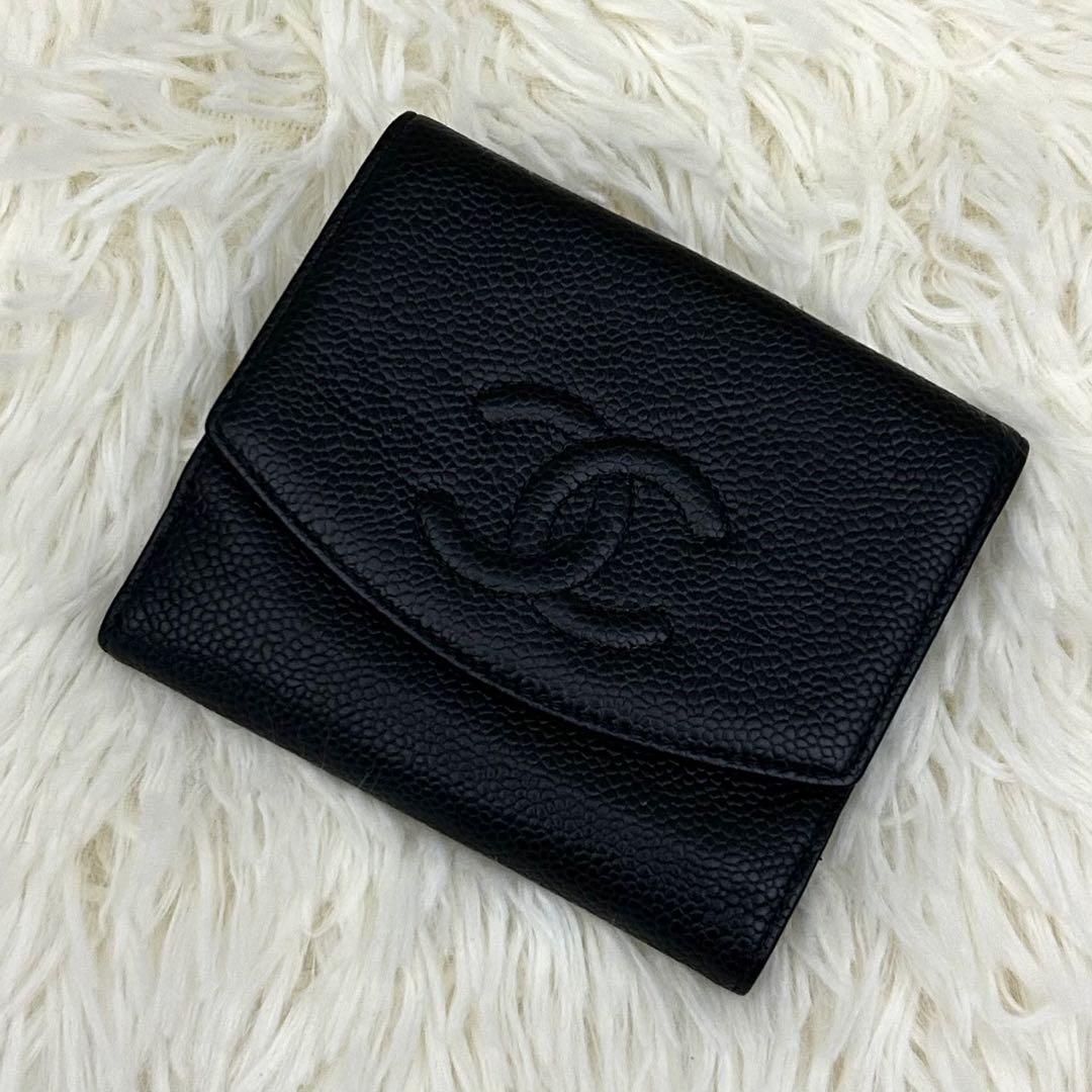 【美品】CHANEL ココマーク キャビアスキン 二つ折り財布 ブラック