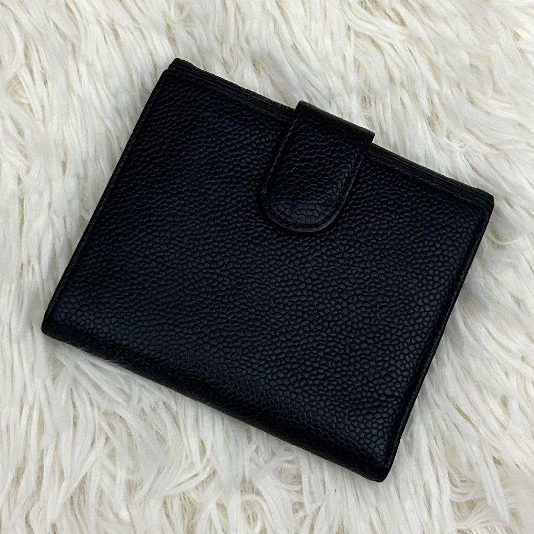 【美品】CHANEL ココマーク キャビアスキン 二つ折り財布 ブラック