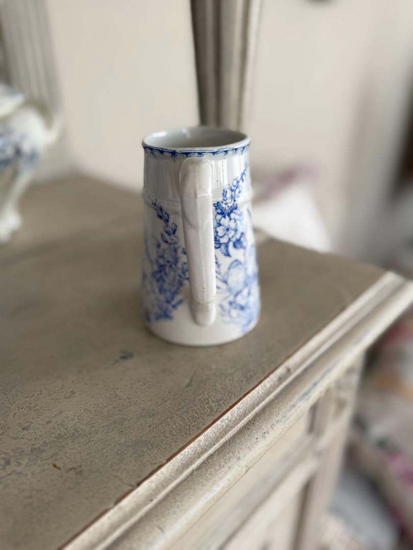 フランスアンティーク陶器レア！リュネビィルMesange 花と小鳥のピッチャー青