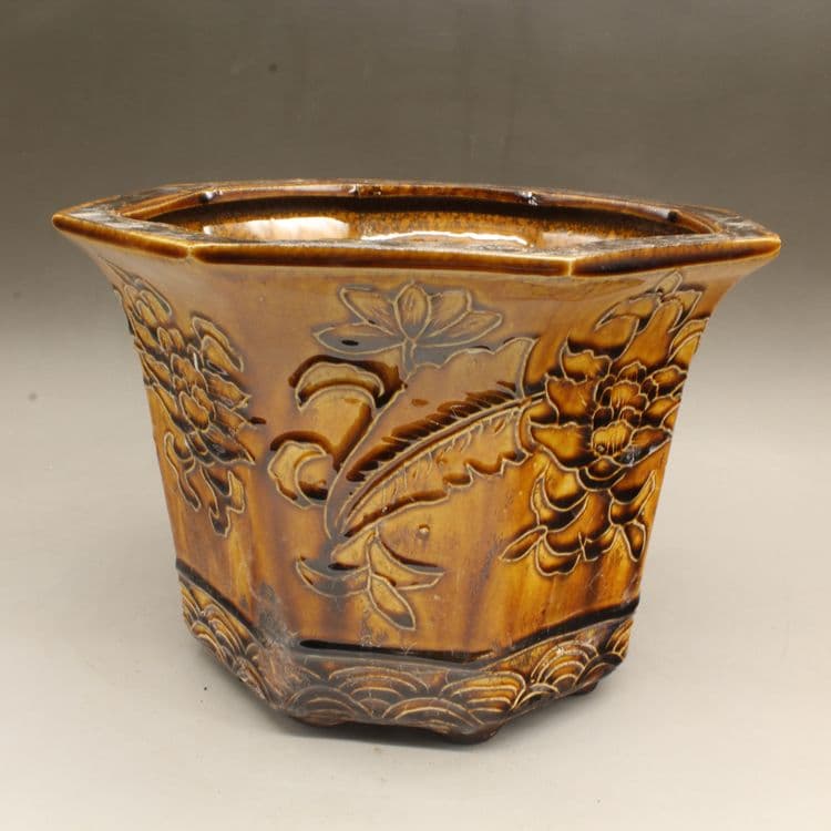 黄釉の花蘭多肉菖蒲鉢  植木鉢  装飾品 工芸品 置物