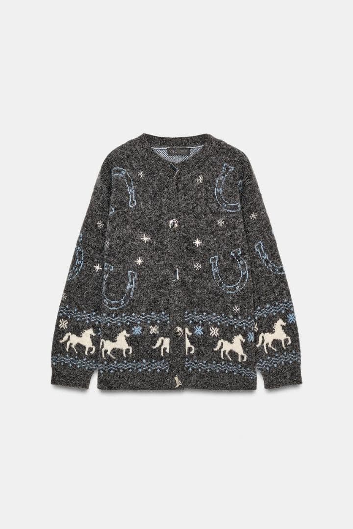 完売品 ZARA ジャカードニットボタンカーディガン L 馬柄セーター