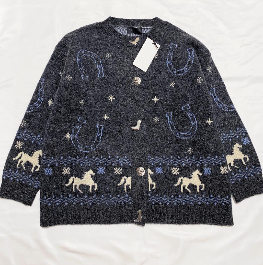 完売品 ZARA ジャカードニットボタンカーディガン L 馬柄セーター