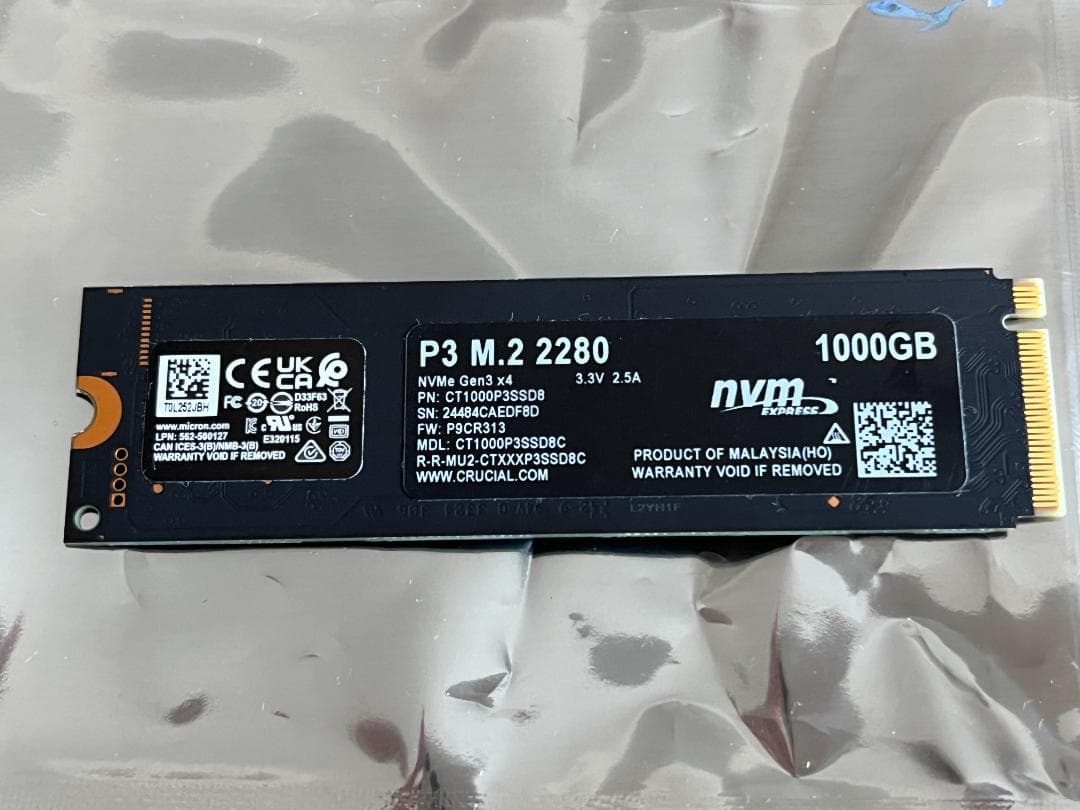 Crucial P3 M.2 SSD 1TB◆使用830時間◆健康状態100%