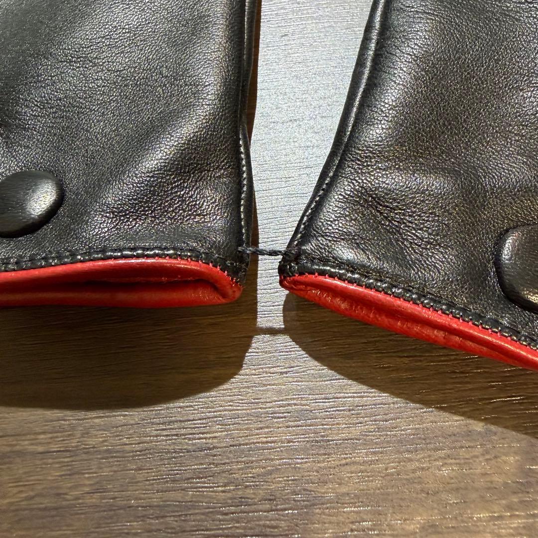 未使用 グッチ GUCCI ラムレザー カシミヤライナー ブラックレッド手袋