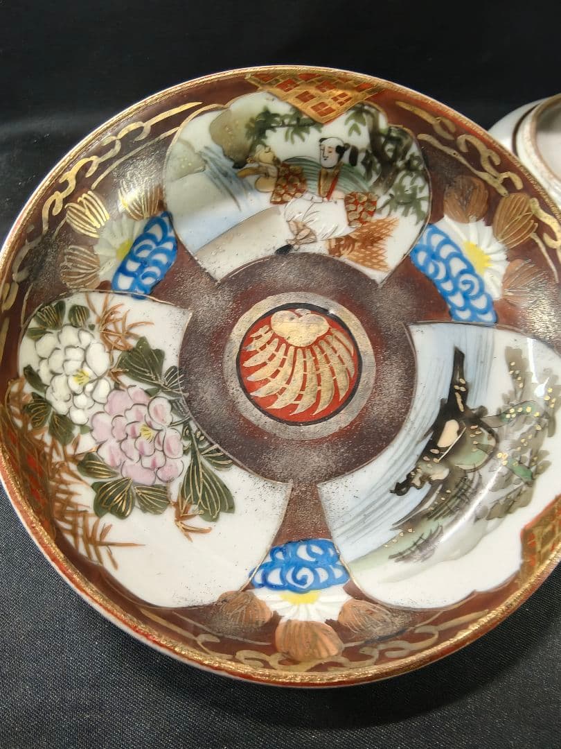 九谷焼 色絵金彩小皿4枚 明治骨董 手描き 古美術 旧家蔵出し 送料無料