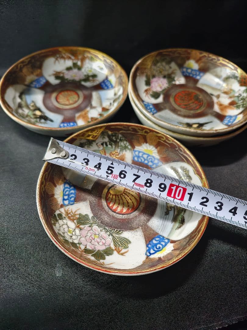 九谷焼 色絵金彩小皿4枚 明治骨董 手描き 古美術 旧家蔵出し 送料無料