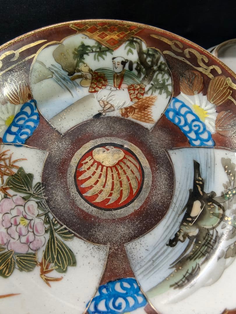 九谷焼 色絵金彩小皿4枚 明治骨董 手描き 古美術 旧家蔵出し 送料無料