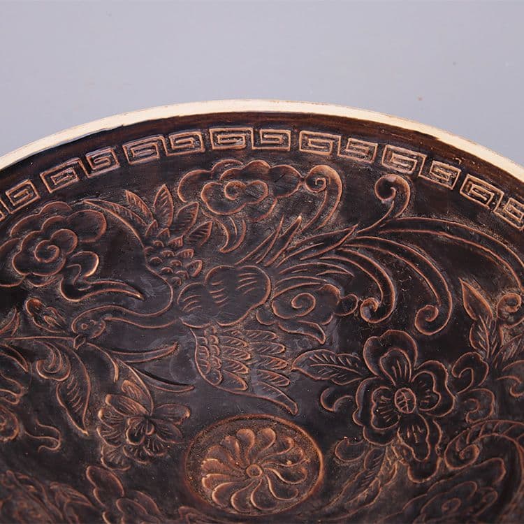 宋定窯彫刻烏金釉龍鳳碗 景徳鎮 陶磁器 装飾品 現代工芸品 美術品 置物