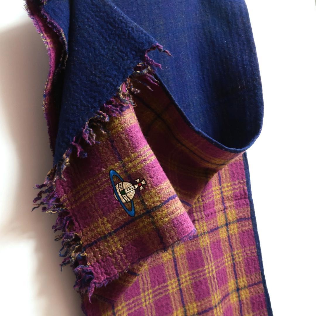 ヴィヴィアンウエストウッド ストール チェック パープル オーヴ 刺繍 ウール