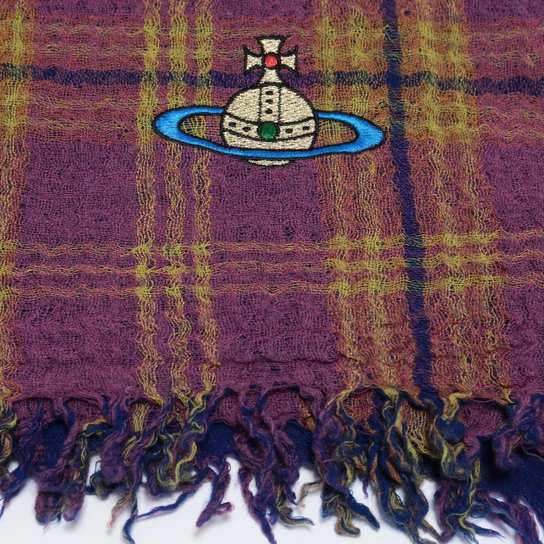 ヴィヴィアンウエストウッド ストール チェック パープル オーヴ 刺繍 ウール