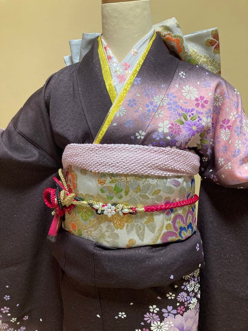 振袖7点セット 茶色地 小豆色 振袖 袋帯 長襦袢 帯締め 帯揚げ 重ね衿 半衿