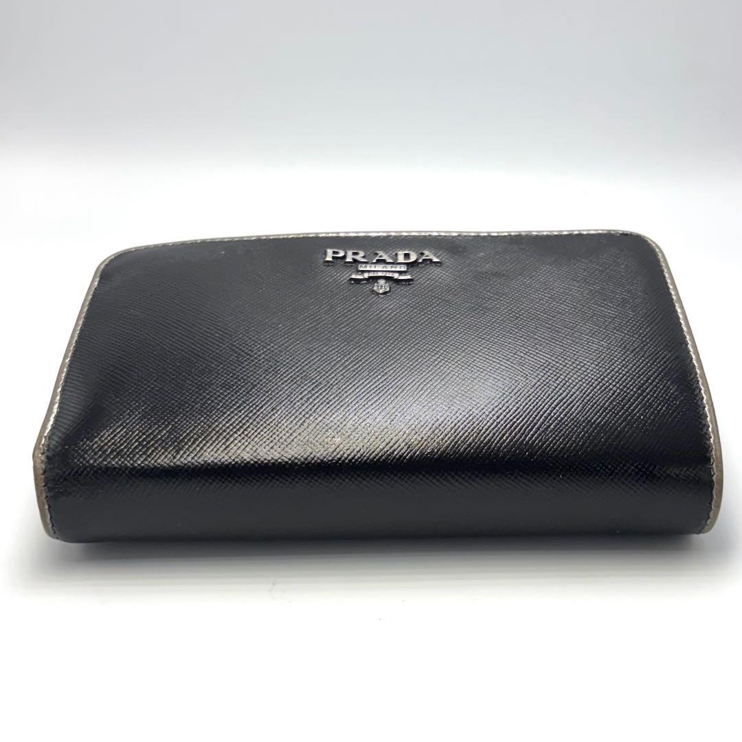 PRADA プラダ 二つ折り財布 サフィアーノレザー ブラック×シルバー　小銭入