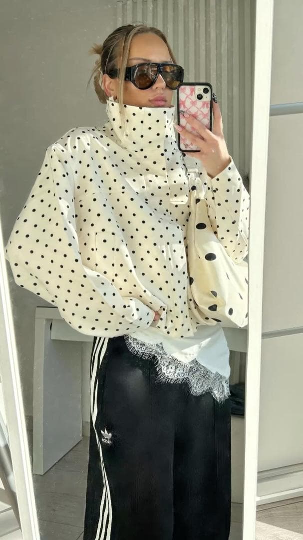【即完品】美品✨ ZARA ドット柄パフジャケット 白色 XL 水玉柄