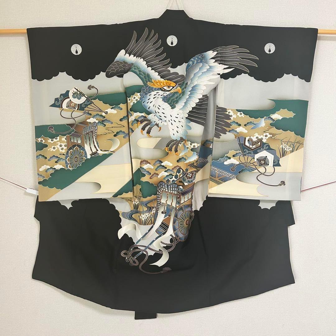 お宮参り　産着　祝着　黒　鷹　刺繍　吉祥柄　五つ紋　男の子　襦袢付き