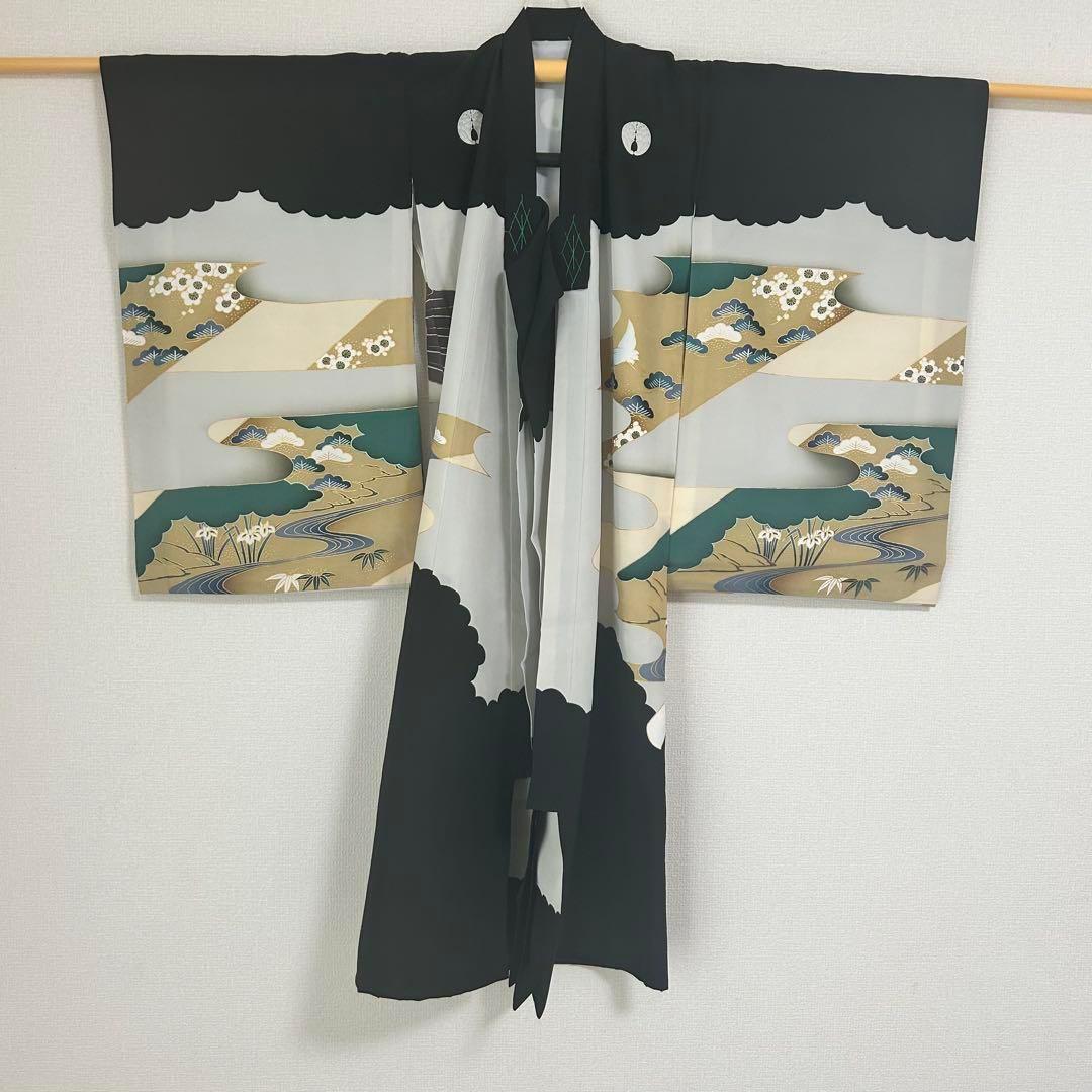 お宮参り　産着　祝着　黒　鷹　刺繍　吉祥柄　五つ紋　男の子　襦袢付き