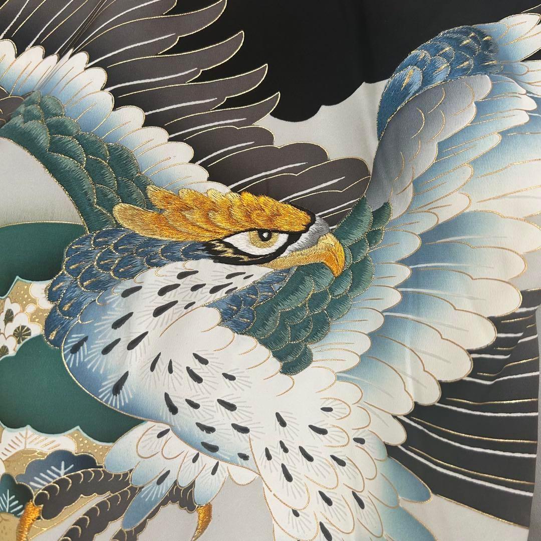 お宮参り　産着　祝着　黒　鷹　刺繍　吉祥柄　五つ紋　男の子　襦袢付き