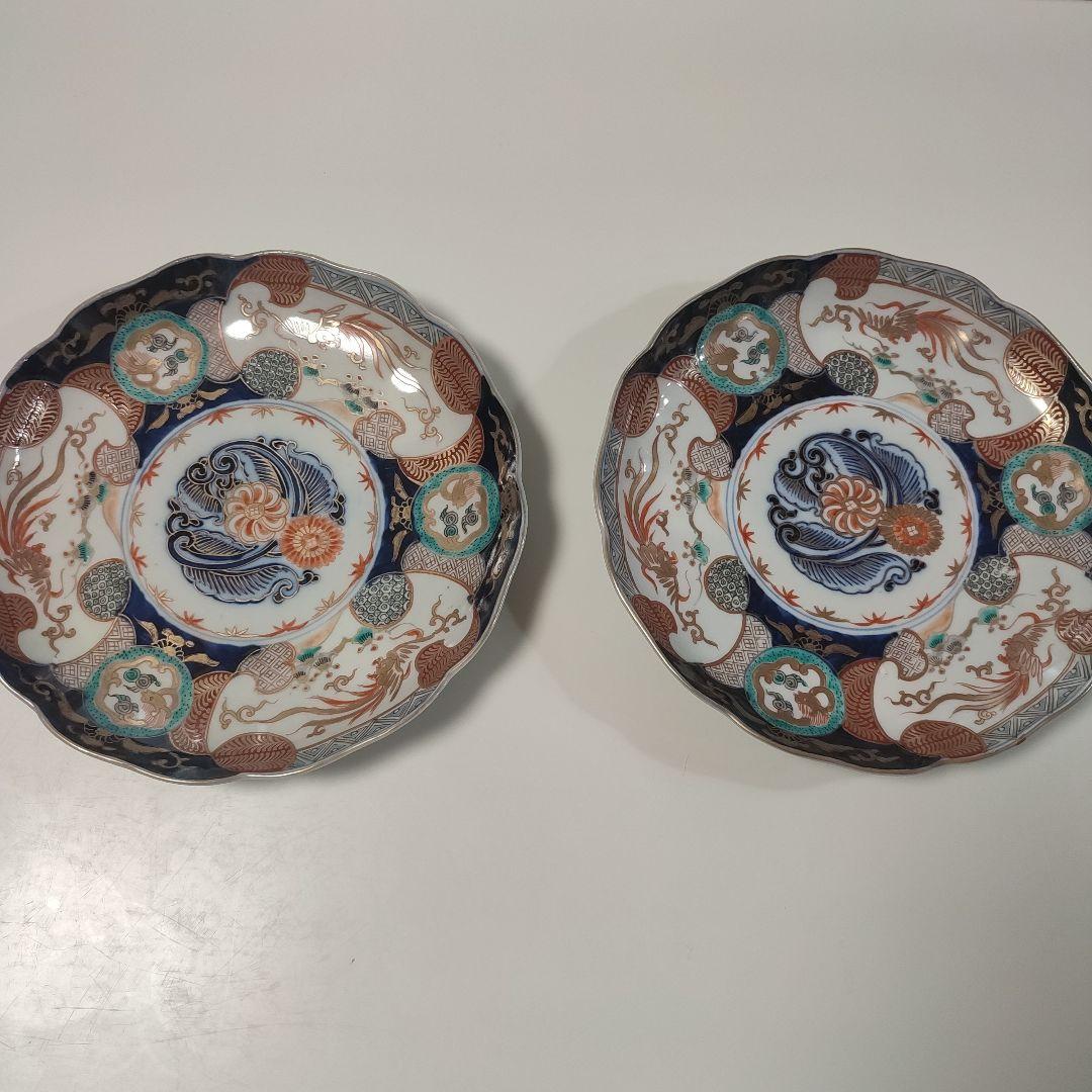 骨董 伊万里 色絵 龍鳳凰文皿 24cm×2枚　江戸後期