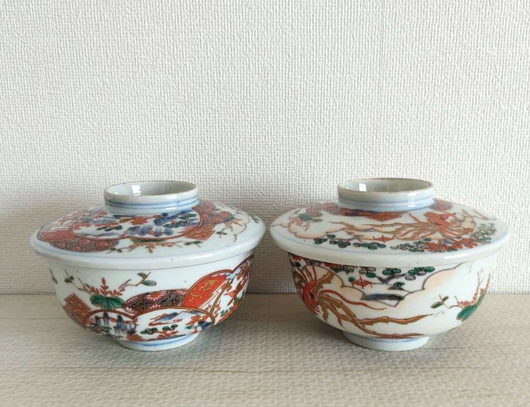 お値下げしました、2個組　古伊万里　色絵　鳳凰　蒸し茶碗