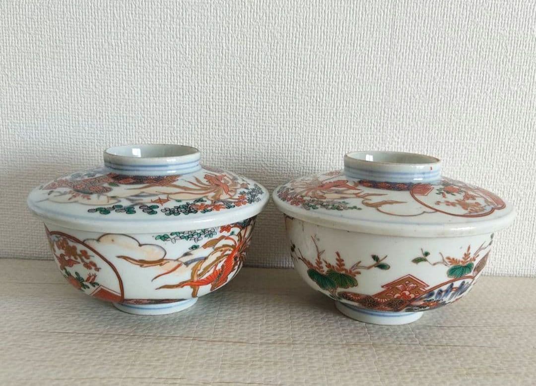 お値下げしました、2個組　古伊万里　色絵　鳳凰　蒸し茶碗