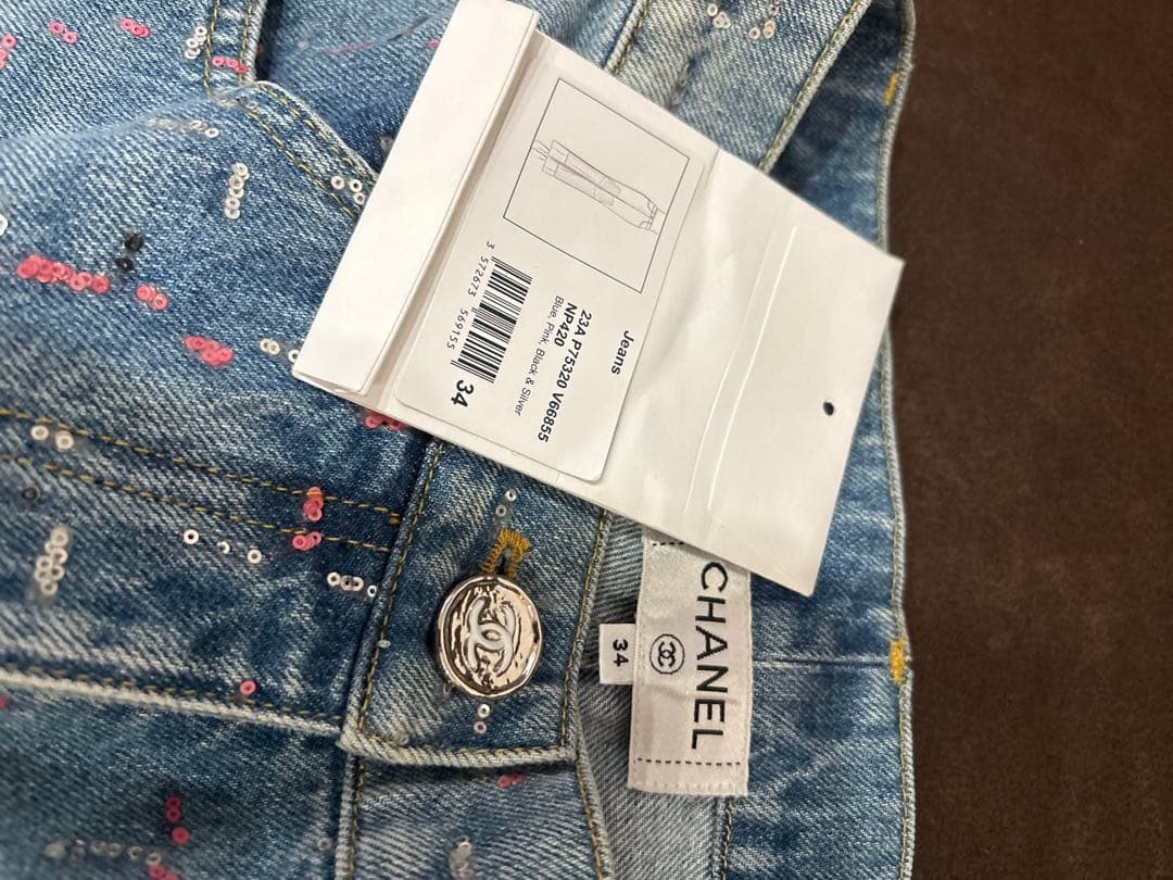 23AP75320シャネルＣＨＡＮＥＬデニムパンツスパンコールブルーピンク34
