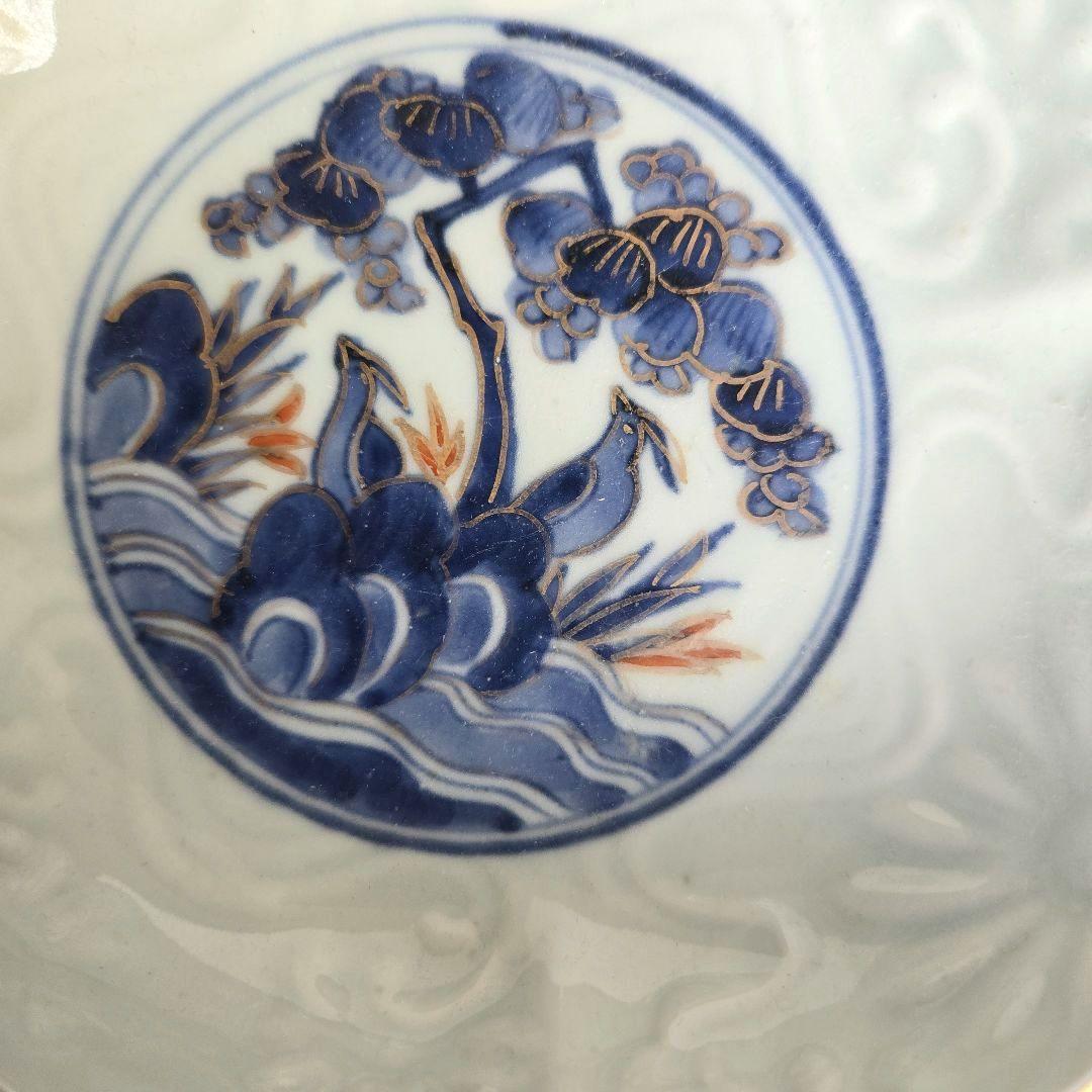古伊万里　染付　変形深皿　江戸時代　金彩　赤絵　陽刻　骨董　アンティーク　金継ぎ
