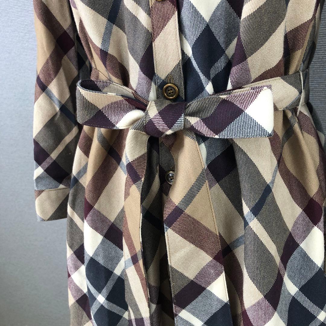 BURBERRY ノバチェック ウール リボン シャツワンピース 36 ブラウン