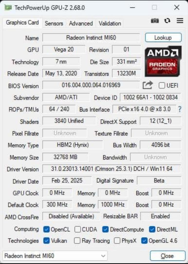 グラフィックボード・グラボ・ビデオカード MI50 32GB AMD Radeon Instinct