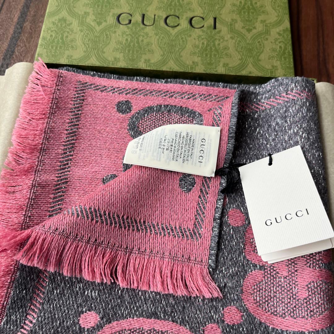 「新品未使用品」箱付き最高級ウールGUCCI ジャカード マフラーピンク・グレー