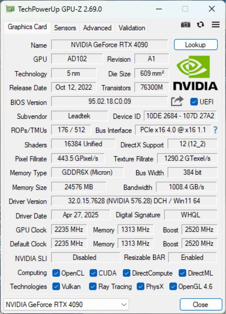 【完動品】GeForce RTX4090 24GB / GPU-Z詳細有